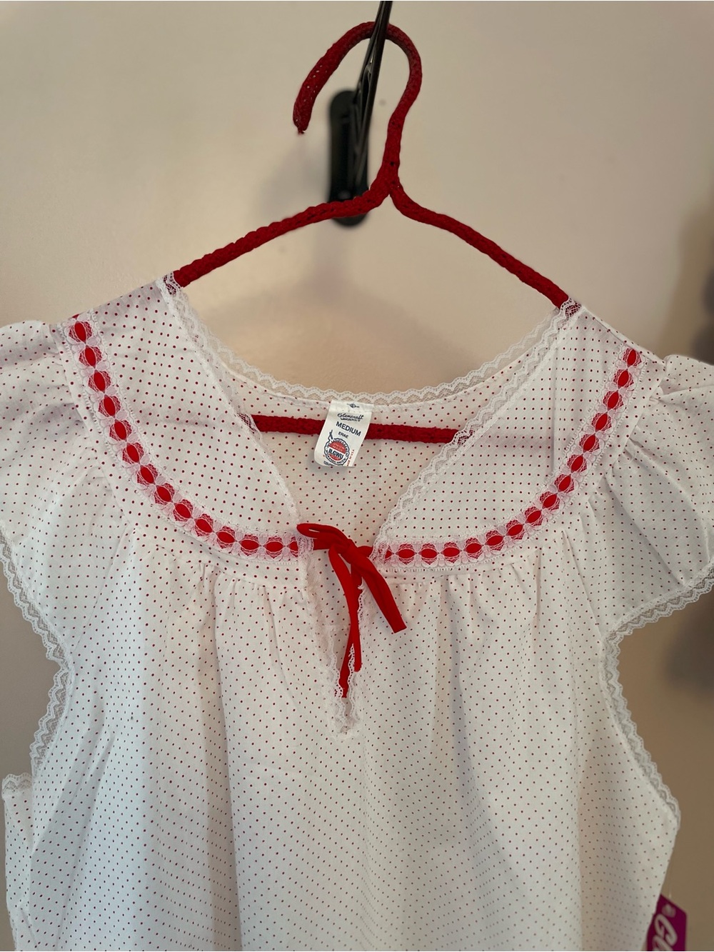 Glencraft 1960s White Cotton Polkadot Nightgown with Red Trim and Bow NWT